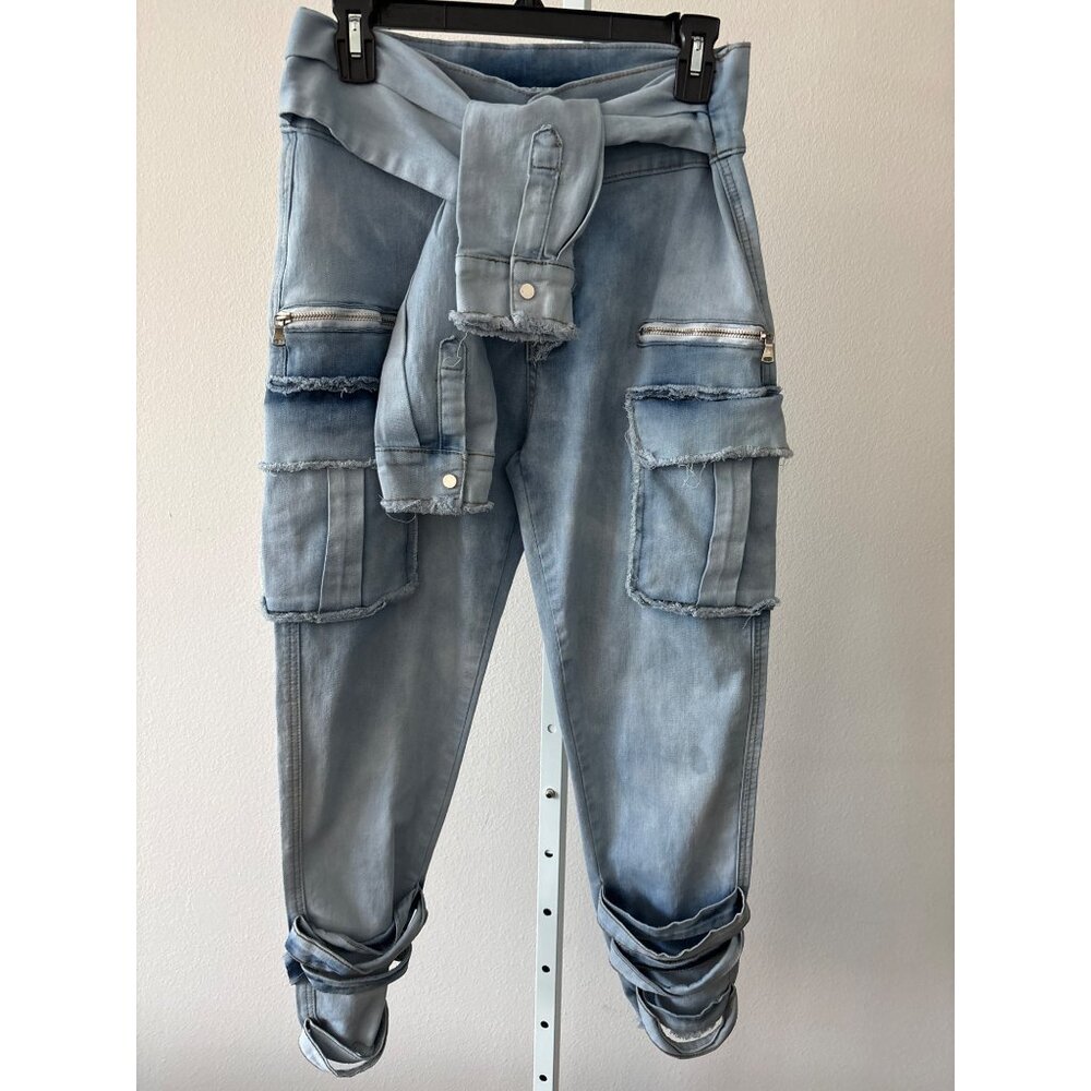 Y2K Cargo Jogger Jeans  L Light Wash Denim Utility Shirt Tie Waist Pockets Edgy